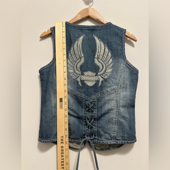 Harley Davidson Women Medium Denim Zip Corset Rhinestone Wing Pocket Vest Y2K - Picture 2 of 8